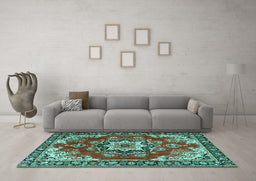 Machine Washable Medallion Turquoise Traditional Area Rugs in a Living Room,, wshtr4354turq