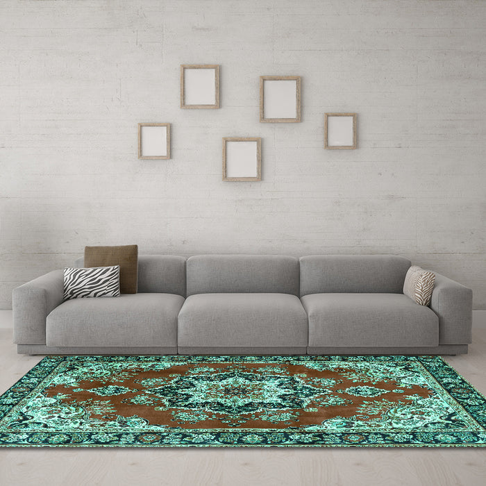 Machine Washable Medallion Turquoise Traditional Area Rugs in a Living Room,, wshtr4354turq