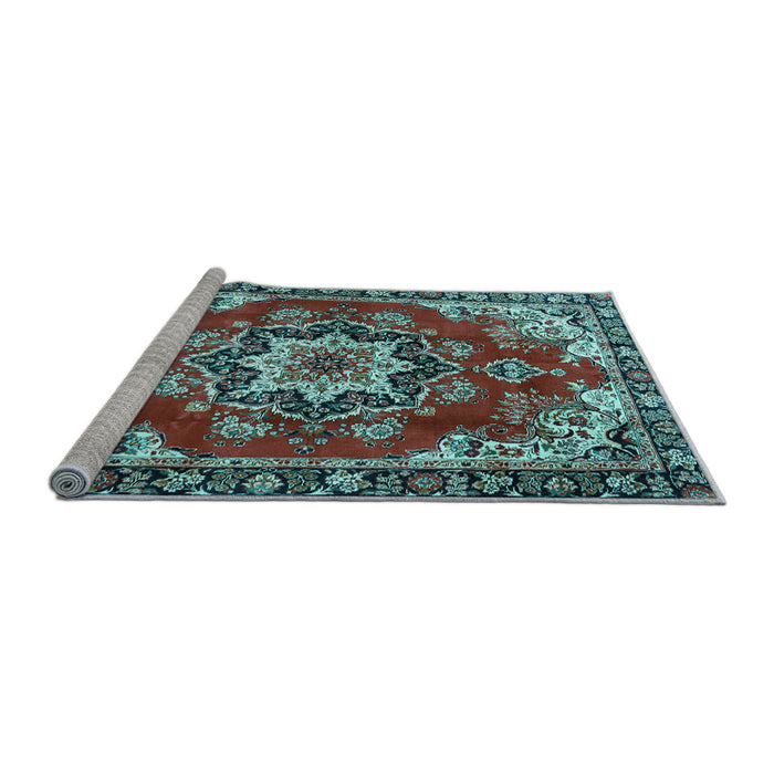 Sideview of Machine Washable Medallion Light Blue Traditional Rug, wshtr4354lblu
