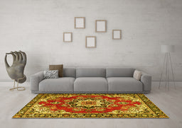 Machine Washable Medallion Yellow Traditional Rug in a Living Room, wshtr4354yw