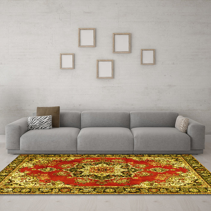 Machine Washable Medallion Yellow Traditional Rug in a Living Room, wshtr4354yw