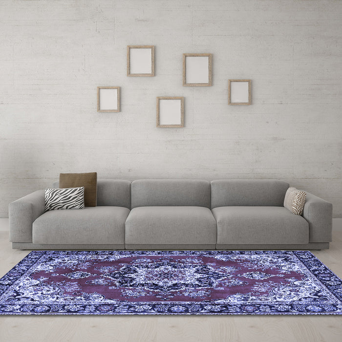 Machine Washable Medallion Blue Traditional Rug in a Living Room, wshtr4354blu