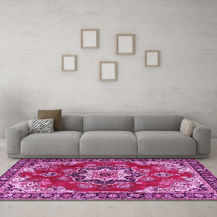 Machine Washable Medallion Pink Traditional Rug in a Living Room, wshtr4354pnk