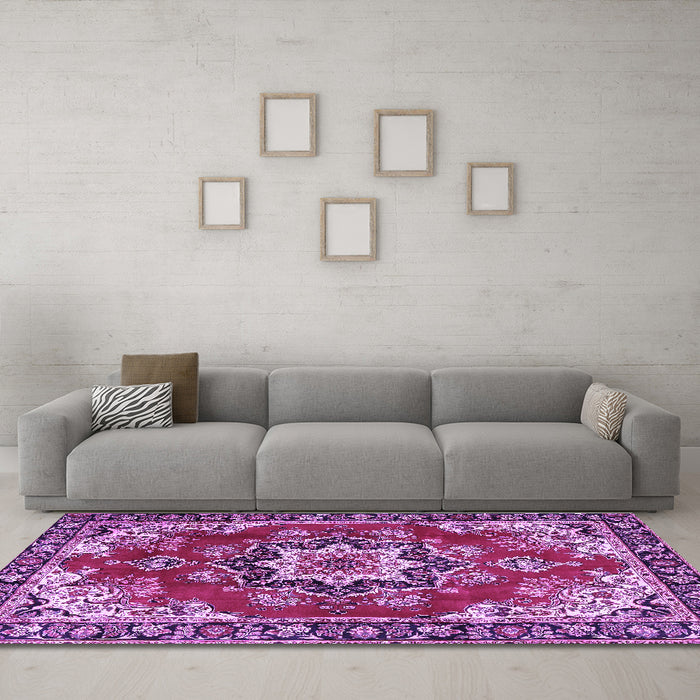 Machine Washable Medallion Purple Traditional Area Rugs in a Living Room, wshtr4354pur