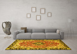 Machine Washable Medallion Yellow Traditional Rug in a Living Room, wshtr4355yw