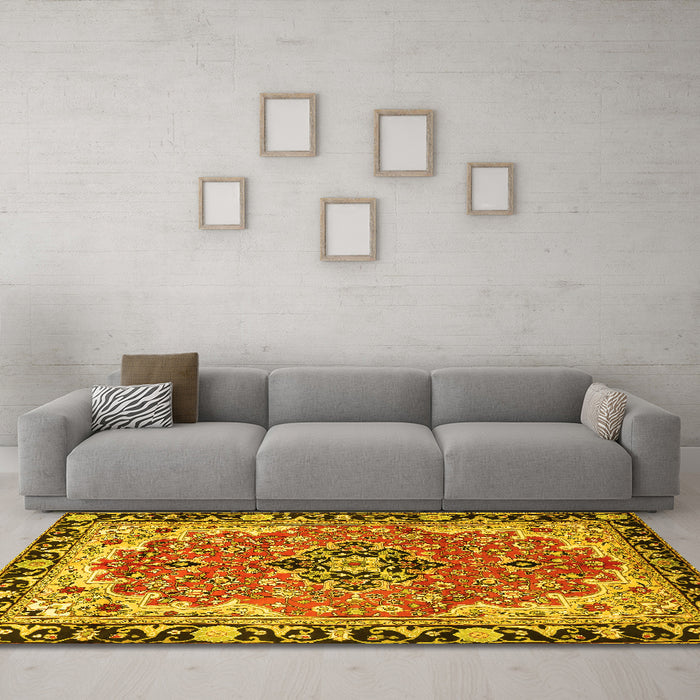 Machine Washable Medallion Yellow Traditional Rug in a Living Room, wshtr4355yw