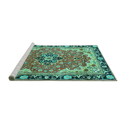 Sideview of Machine Washable Medallion Turquoise Traditional Area Rugs, wshtr4355turq