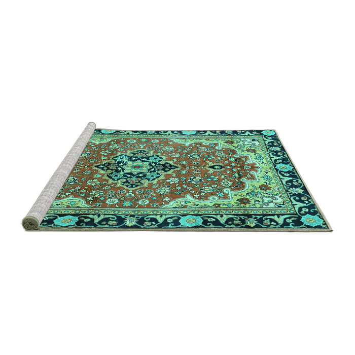 Sideview of Machine Washable Medallion Turquoise Traditional Area Rugs, wshtr4355turq