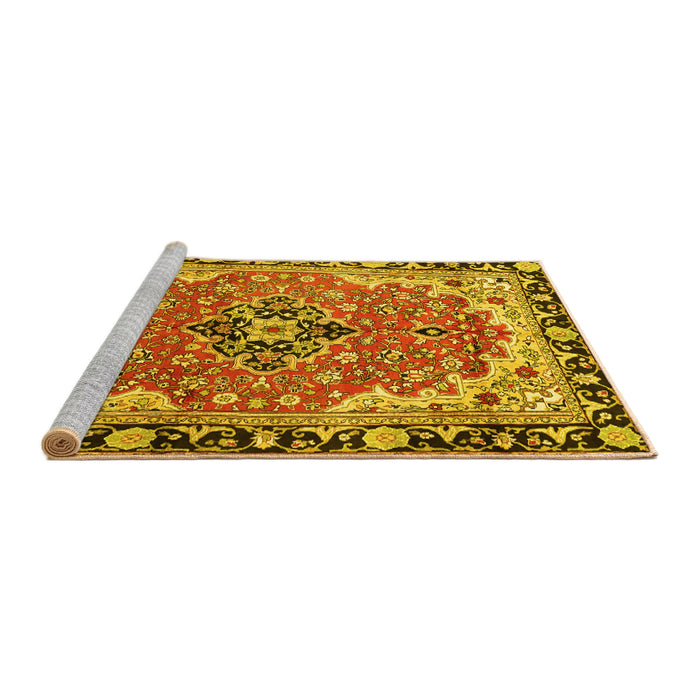 Sideview of Machine Washable Medallion Yellow Traditional Rug, wshtr4355yw
