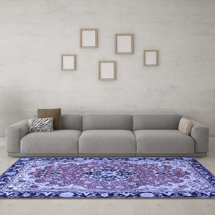 Machine Washable Medallion Blue Traditional Rug in a Living Room, wshtr4355blu