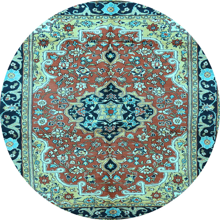 Round Machine Washable Medallion Light Blue Traditional Rug, wshtr4355lblu