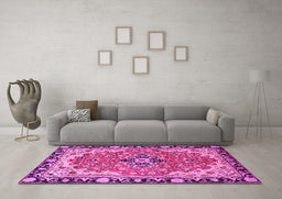 Machine Washable Medallion Pink Traditional Rug in a Living Room, wshtr4355pnk