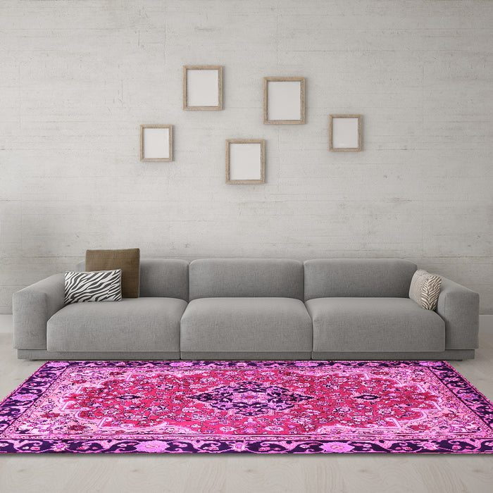 Machine Washable Medallion Pink Traditional Rug in a Living Room, wshtr4355pnk
