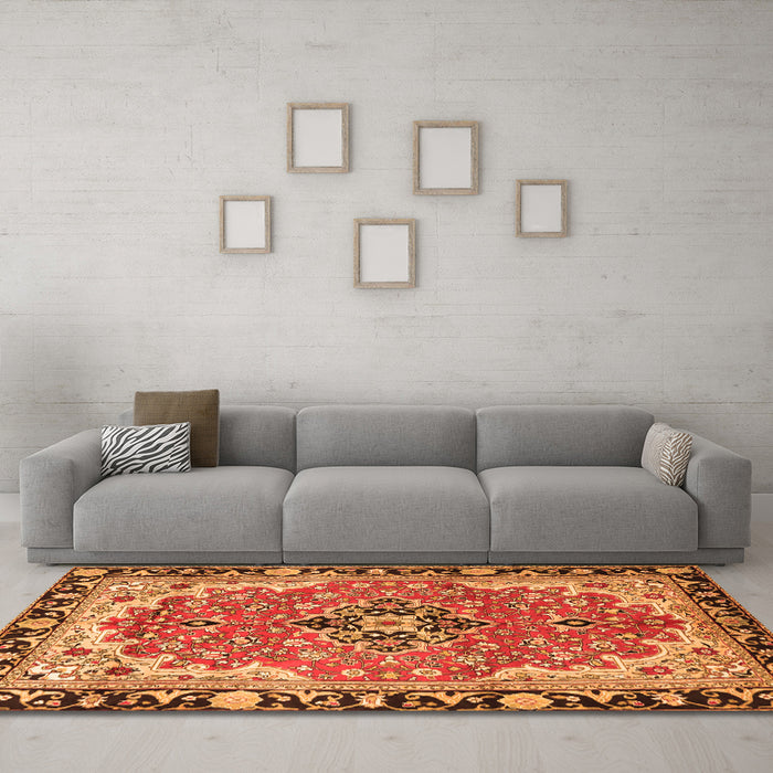 Machine Washable Medallion Orange Traditional Area Rugs in a Living Room, wshtr4355org