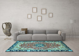Machine Washable Medallion Light Blue Traditional Rug in a Living Room, wshtr4355lblu