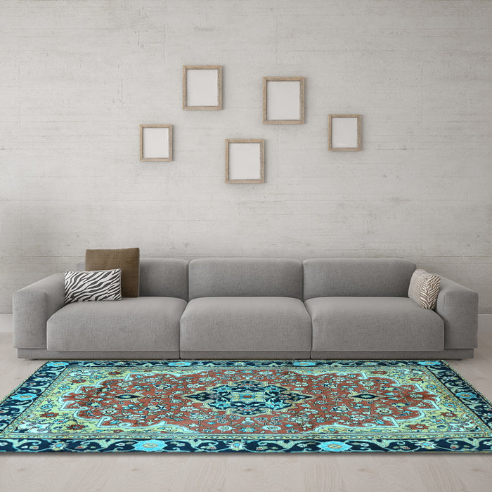 Machine Washable Medallion Light Blue Traditional Rug in a Living Room, wshtr4355lblu