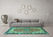 Machine Washable Medallion Turquoise Traditional Area Rugs in a Living Room,, wshtr4355turq