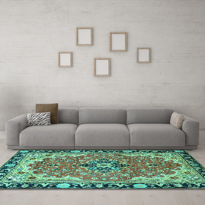 Machine Washable Medallion Turquoise Traditional Area Rugs in a Living Room,, wshtr4355turq