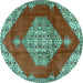 Round Machine Washable Medallion Turquoise Traditional Area Rugs, wshtr4356turq