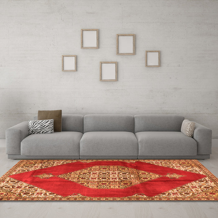 Machine Washable Medallion Orange Traditional Area Rugs in a Living Room, wshtr4356org
