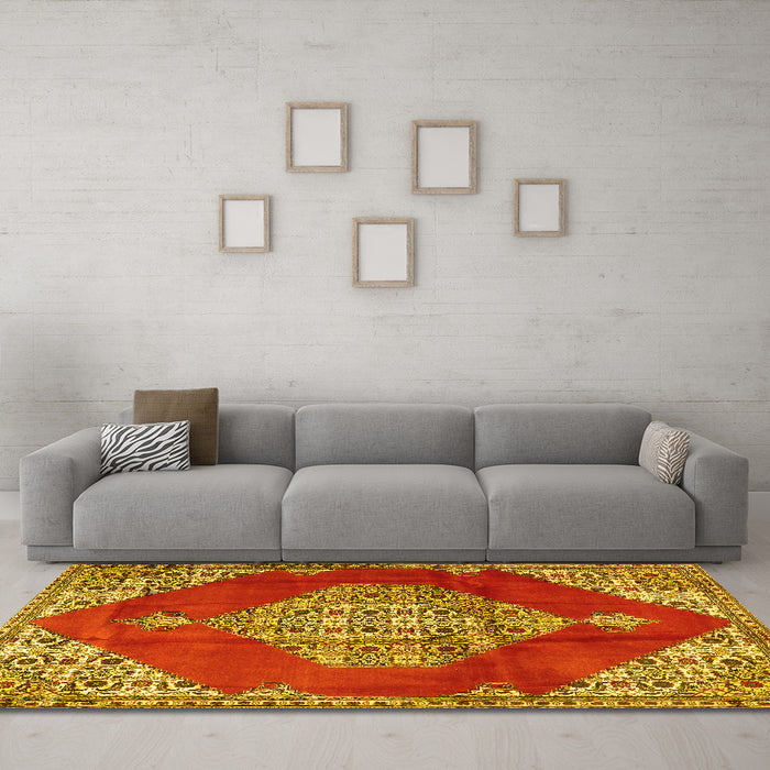 Machine Washable Medallion Yellow Traditional Rug in a Living Room, wshtr4356yw