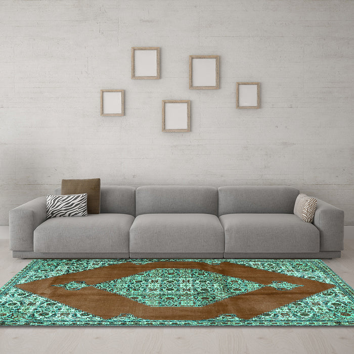 Machine Washable Medallion Turquoise Traditional Area Rugs in a Living Room,, wshtr4356turq