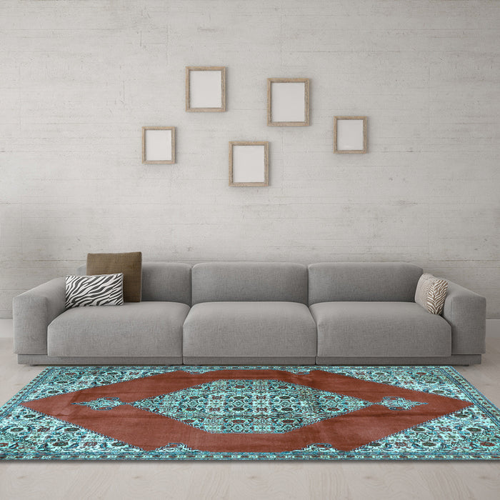 Machine Washable Medallion Light Blue Traditional Rug in a Living Room, wshtr4356lblu