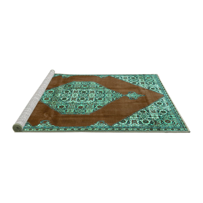 Sideview of Machine Washable Medallion Turquoise Traditional Area Rugs, wshtr4356turq