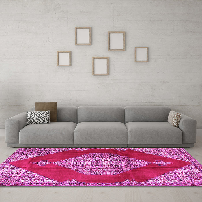 Machine Washable Medallion Pink Traditional Rug in a Living Room, wshtr4356pnk