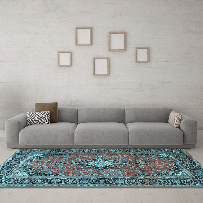 Machine Washable Medallion Light Blue Traditional Rug in a Living Room, wshtr4357lblu