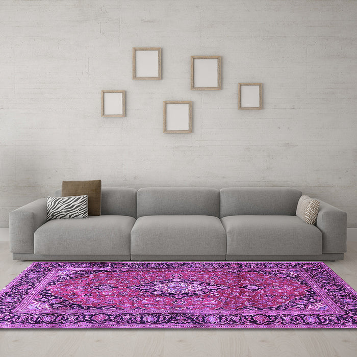 Machine Washable Medallion Purple Traditional Area Rugs in a Living Room, wshtr4357pur