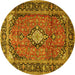 Round Machine Washable Medallion Yellow Traditional Rug, wshtr4357yw