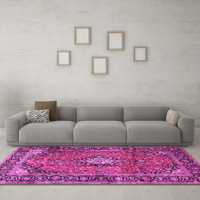 Machine Washable Medallion Pink Traditional Rug in a Living Room, wshtr4357pnk