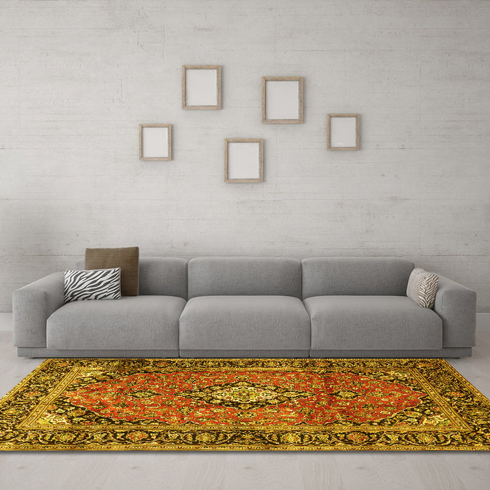 Machine Washable Medallion Yellow Traditional Rug in a Living Room, wshtr4357yw
