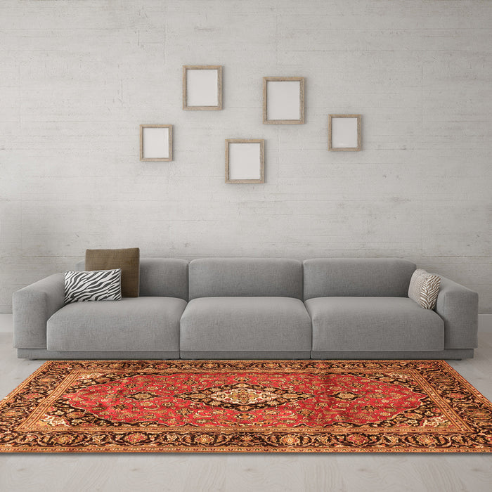 Machine Washable Medallion Orange Traditional Area Rugs in a Living Room, wshtr4357org