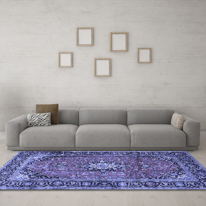 Machine Washable Medallion Blue Traditional Rug in a Living Room, wshtr4357blu