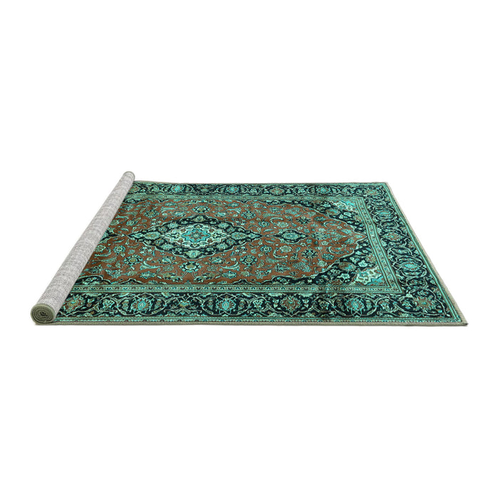 Sideview of Machine Washable Medallion Turquoise Traditional Area Rugs, wshtr4357turq