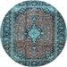 Round Machine Washable Medallion Light Blue Traditional Rug, wshtr4357lblu