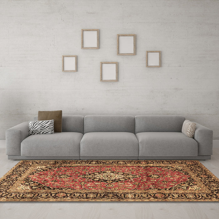 Machine Washable Medallion Brown Traditional Rug in a Living Room,, wshtr4357brn