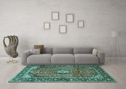 Machine Washable Medallion Turquoise Traditional Area Rugs in a Living Room,, wshtr4357turq