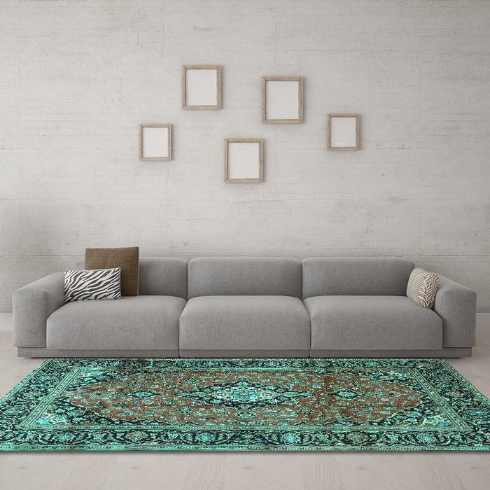 Machine Washable Medallion Turquoise Traditional Area Rugs in a Living Room,, wshtr4357turq
