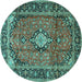 Round Machine Washable Medallion Turquoise Traditional Area Rugs, wshtr4357turq