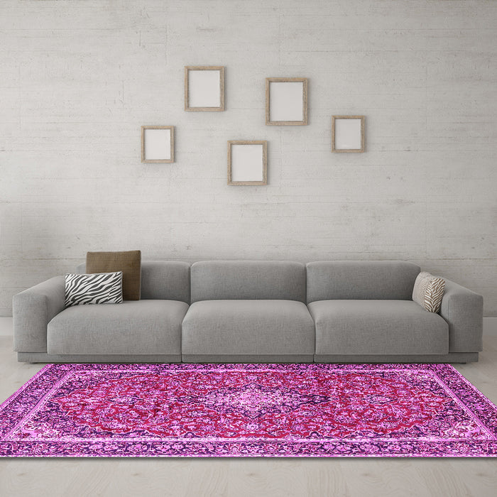 Machine Washable Medallion Pink Traditional Rug in a Living Room, wshtr4358pnk