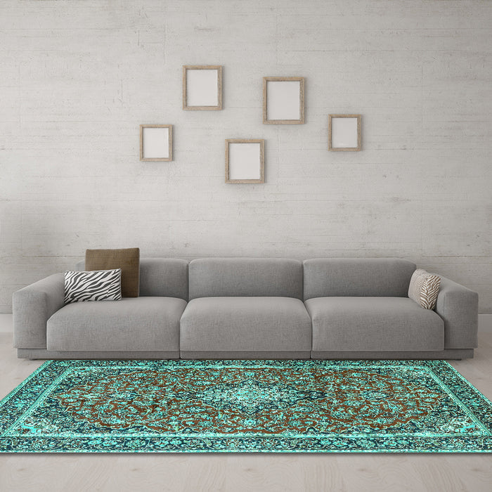Machine Washable Medallion Turquoise Traditional Area Rugs in a Living Room,, wshtr4358turq