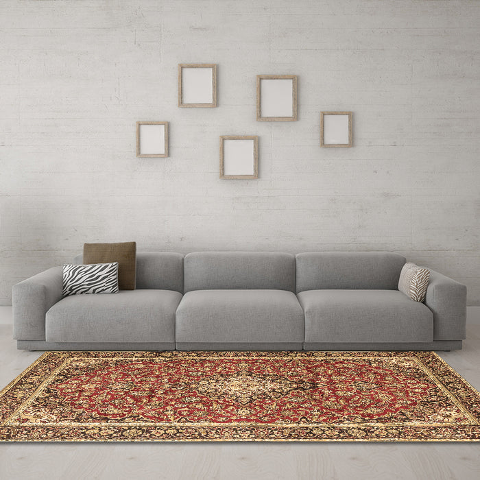 Machine Washable Medallion Brown Traditional Rug in a Living Room,, wshtr4358brn