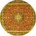 Round Machine Washable Medallion Yellow Traditional Rug, wshtr4358yw