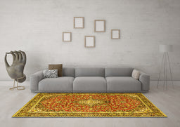 Machine Washable Medallion Yellow Traditional Rug in a Living Room, wshtr4358yw