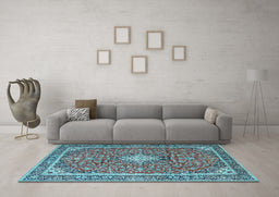 Machine Washable Medallion Light Blue Traditional Rug in a Living Room, wshtr4358lblu