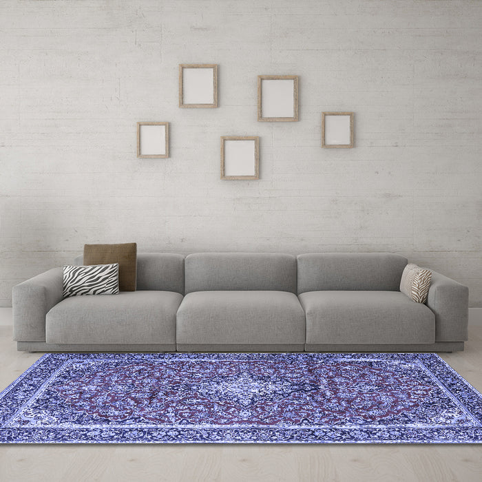 Machine Washable Medallion Blue Traditional Rug in a Living Room, wshtr4358blu