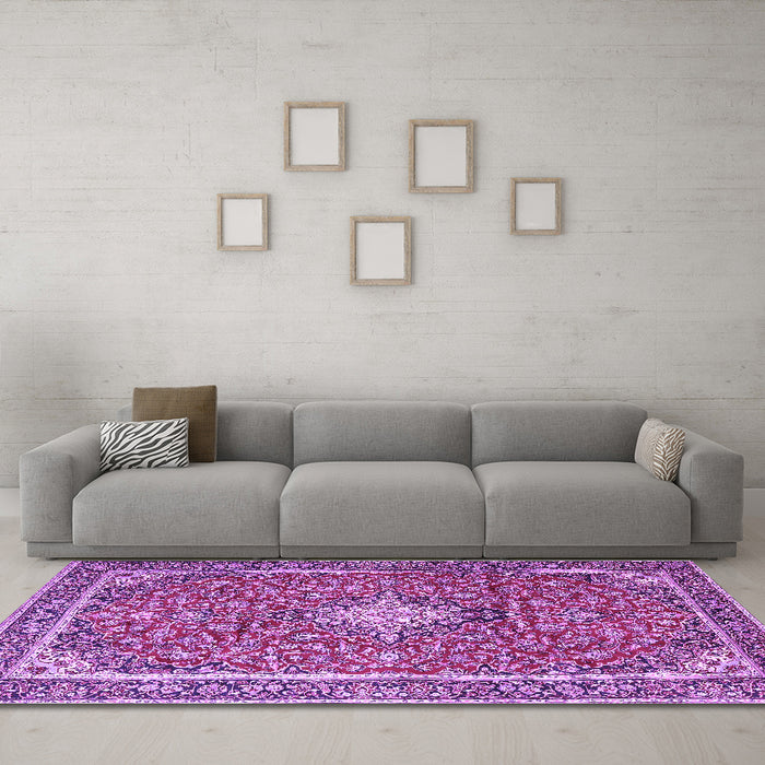 Machine Washable Medallion Purple Traditional Area Rugs in a Living Room, wshtr4358pur